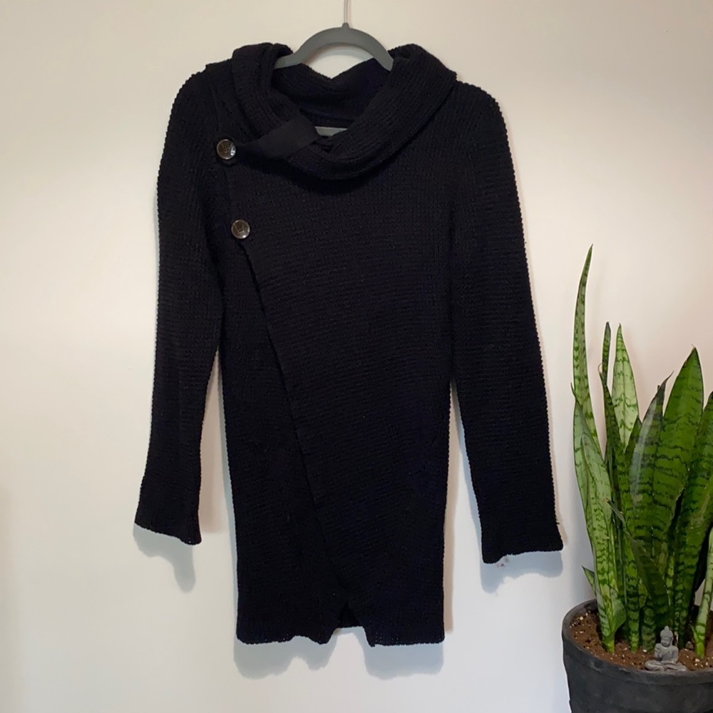 Black knit sweater cowl neck decorative buttons